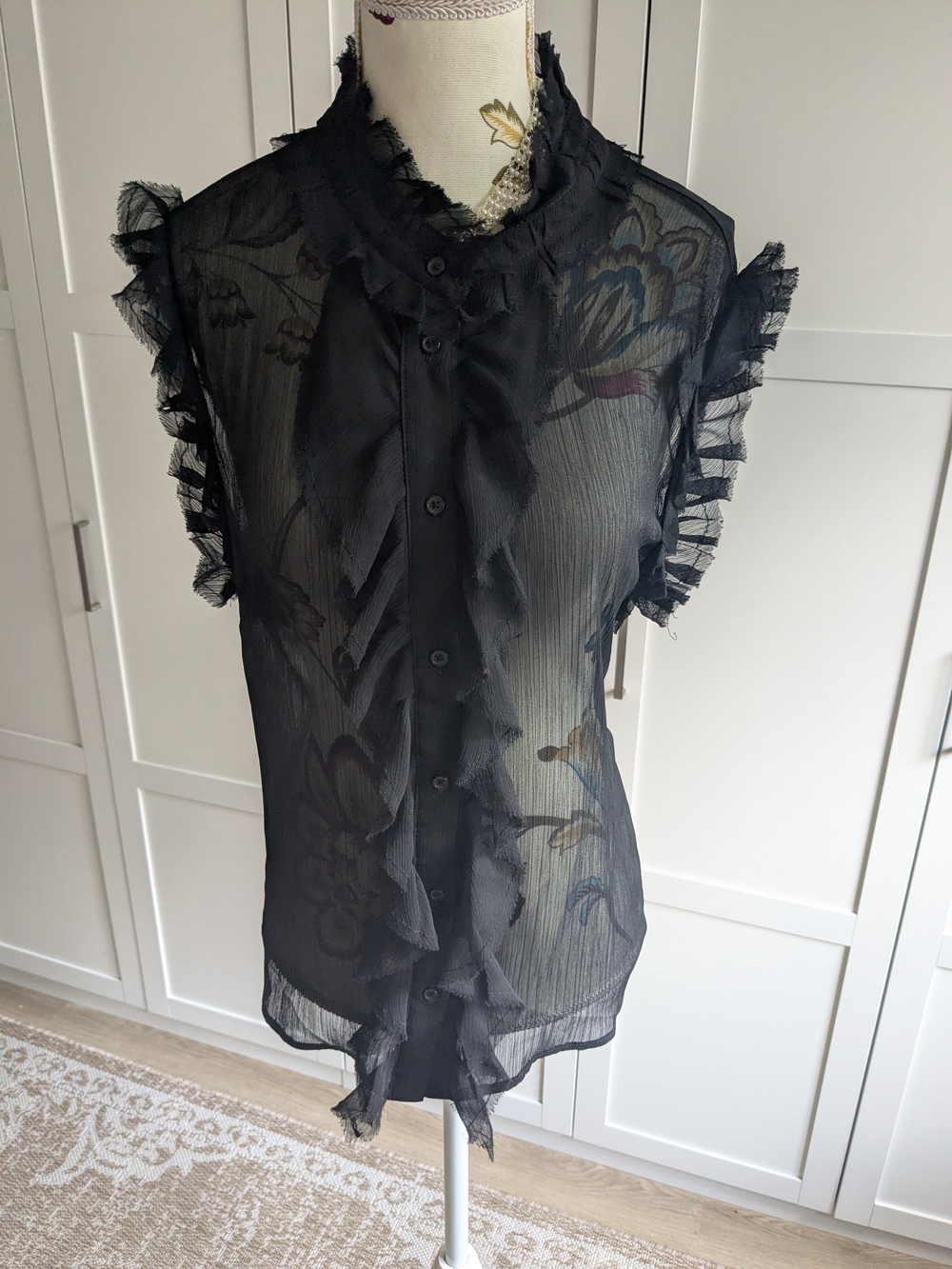 Joe Fresh Sheer Black Ruffle Button-Front Blouse